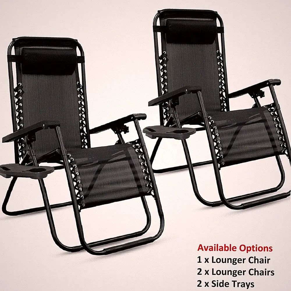 2x Zero Gravity Folding Reclining Chair Garden Adjustable Sun Lounger Side Trays