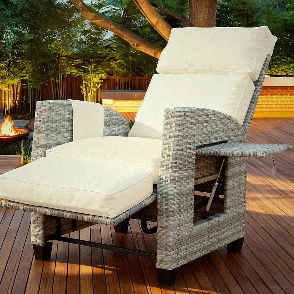 Outdoor Recliner, Patio Recliner Chair with Flip-up Table, Adjustable Backrest