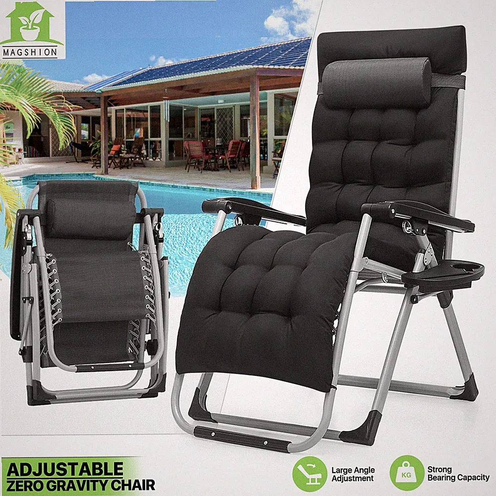 [REMOVABLE CUSHION]Folding Zero Gravity Chair Beach Lounge Recliner w/Cup Holder
